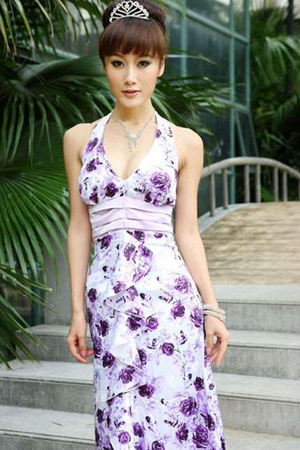 紫色印花长款礼服（3988）
